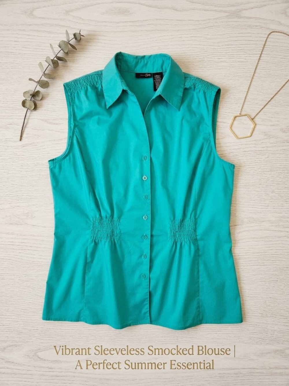 East 5th Turquoise Sleeveless Smocked Waist Button-Up Collared Blouse Top Size L